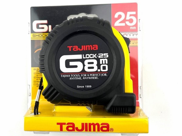Tajima Bandmass G-LOCK 8m 25mm - G5P80MY - mit Spezialstahl-Band - Rollbandmass - Rollmeter - Messband - Taschenbandmass - POCKET TAPE